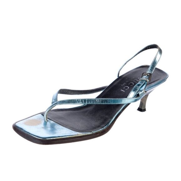 Gucci Authentic Solid Blue Metallic Slingback Low Heel Sandals 5.5 - Picture 2 of 9